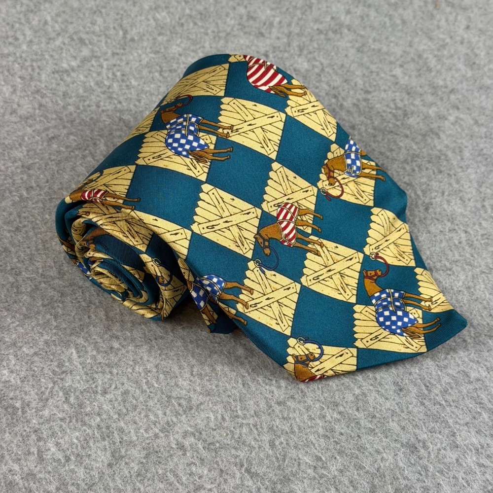 Vintage 1995 Arkansas Derby Silk Tie Teal Horse Equestrian Made in Italy 55x4"